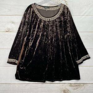 Andree by Unit Tunic Top Womens 2X Brown Velvet Embroidered Floral Artsy Boho